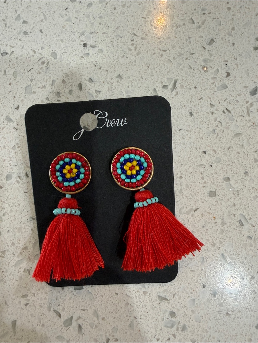 J. Crew Multi-Bead Medallion Earrings with Red Tassels